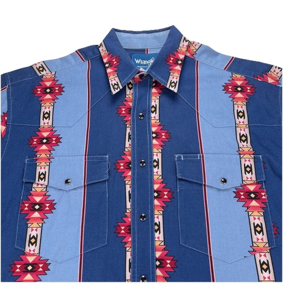 Vintage Wrangler Brushpopper Shirt Mens M Pearl Snap Aztec Southwestern Cowboy - Picture 1 of 11